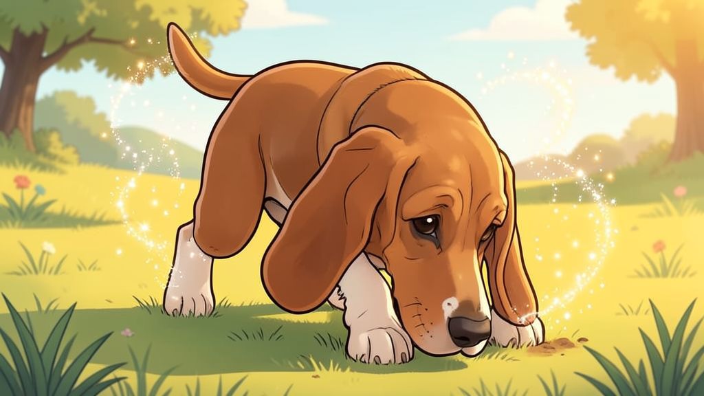 Ein freundlicher Basset Hound mit langen Schlappohren schnüffelt konzentriert auf einer bunten Blumenwiese.
