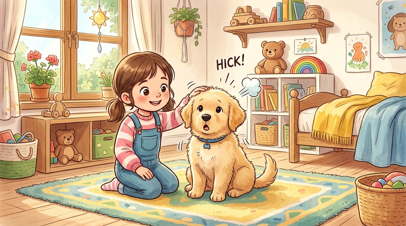 Ein flauschiger goldener Welpe sitzt überrascht auf einem Teppich während ein Kind ihn tröstet