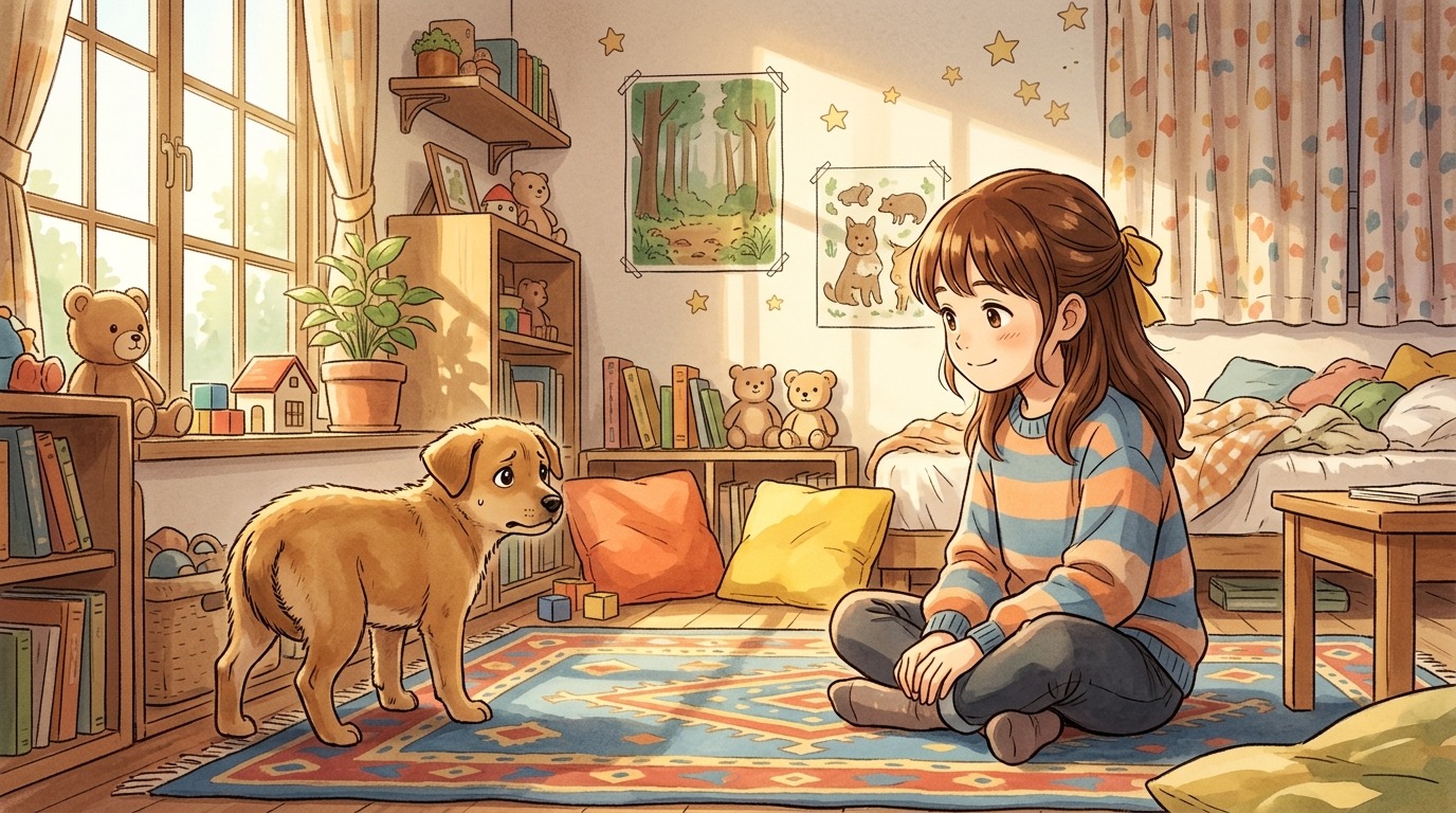 Illustration eines Kindes, das ruhig und tröstend in der Nähe eines ängstlichen Hundes mit eingezogenem Schwanz sitzt.