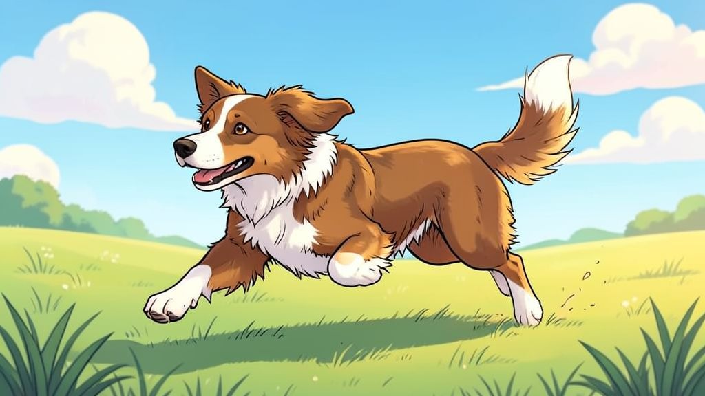 Ein fröhlicher Hund rennt schnell über eine grüne Wiese und nutzt seinen Schwanz als Steuerruder für das Gleichgewicht.