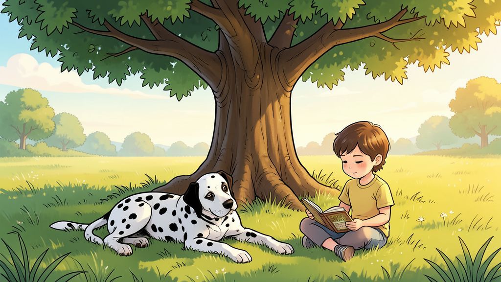 Ein gepunkteter Dalmatiner liegt entspannt im kühlen Schatten unter einem großen Laubbaum auf einer grünen Wiese.