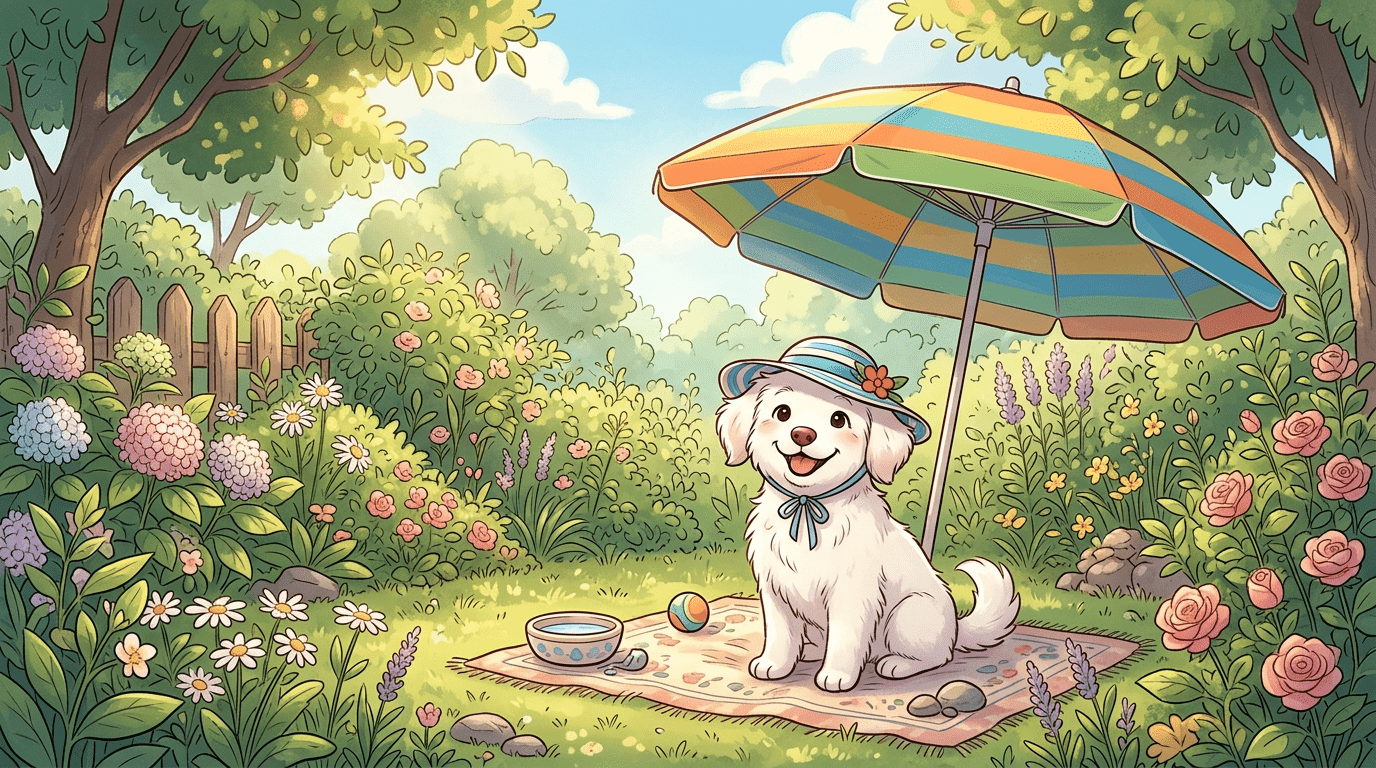 Ein niedlicher, weißer Hund sitzt mit einem bunten Sonnenhut unter einem Sonnenschirm im grünen Gras.