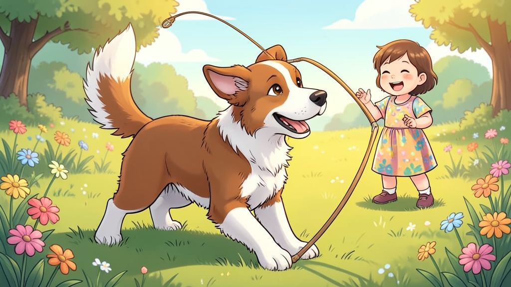 Ein fröhlicher Hund macht einen Spielbogen auf einer Wiese, um zum Spielen einzuladen.