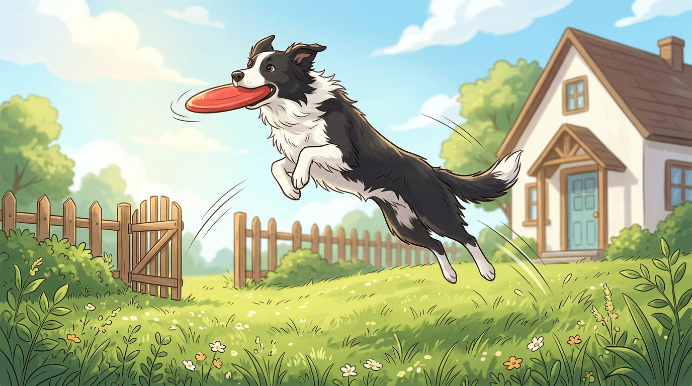 Eine Illustration eines sportlichen Hundes, der sehr hoch in die Luft springt, um eine bunte Frisbee zu fangen.