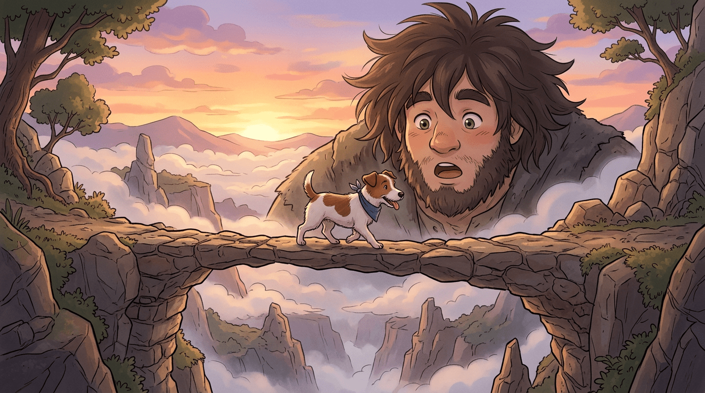 Ein kleiner, mutiger Hund balanciert geschickt über eine schmale Felsbrücke über einem tiefen Abgrund, während ein staunender Riese zuschaut.