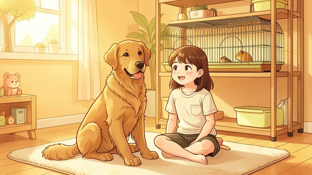 Ein Kind sitzt mit einem freundlichen Golden Retriever in einem gemütlichen Zimmer, während auf einem hohen Regal sicher ein Hamsterkäfig steht.