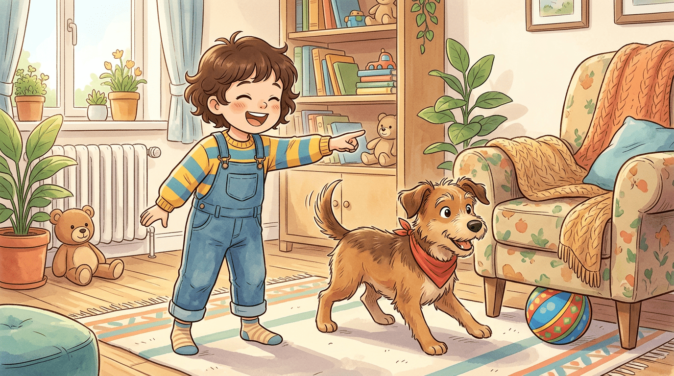 Ein glückliches Kind zeigt mit dem Finger auf ein verstecktes Spielzeug und ein Hund schaut aufmerksam in die Richtung.