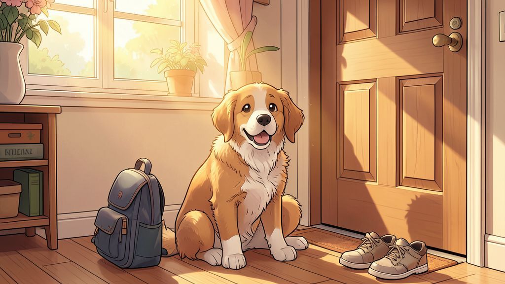 Ein Hund sitzt wartend vor der Haustür im Flur