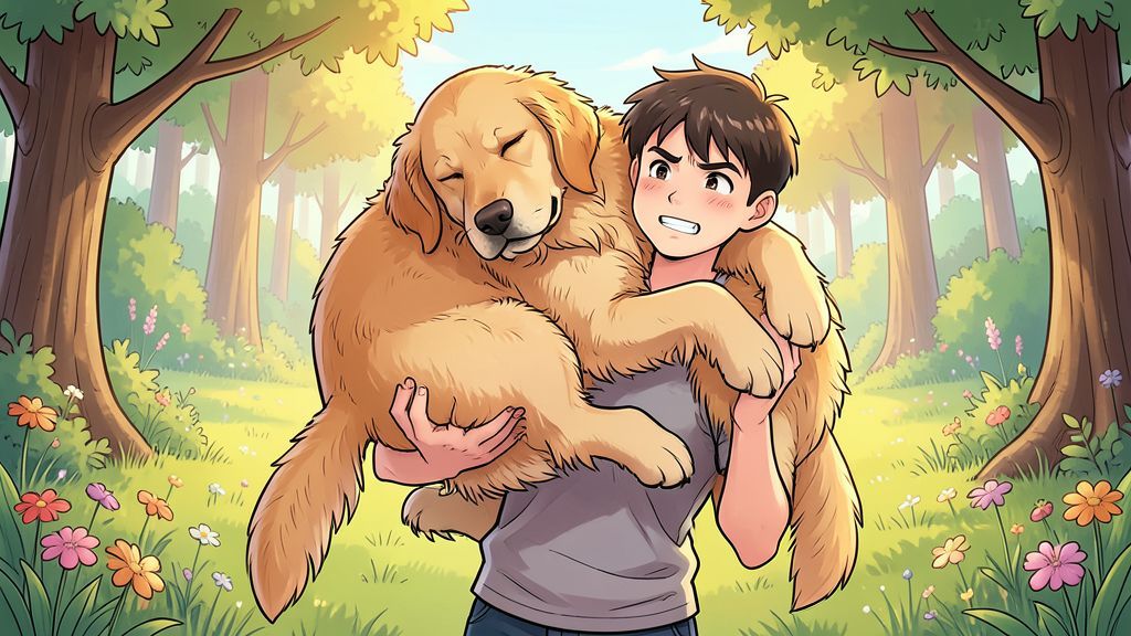 Eine lustige Illustration eines Kindes, das versucht, einen großen, schläfrigen Hund zu einer Wiese zu tragen.