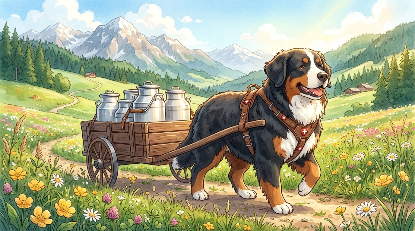 Ein freundlicher Berner Sennenhund zieht einen kleinen Holzkarren mit Milchkannen auf einer sonnigen Almwiese.