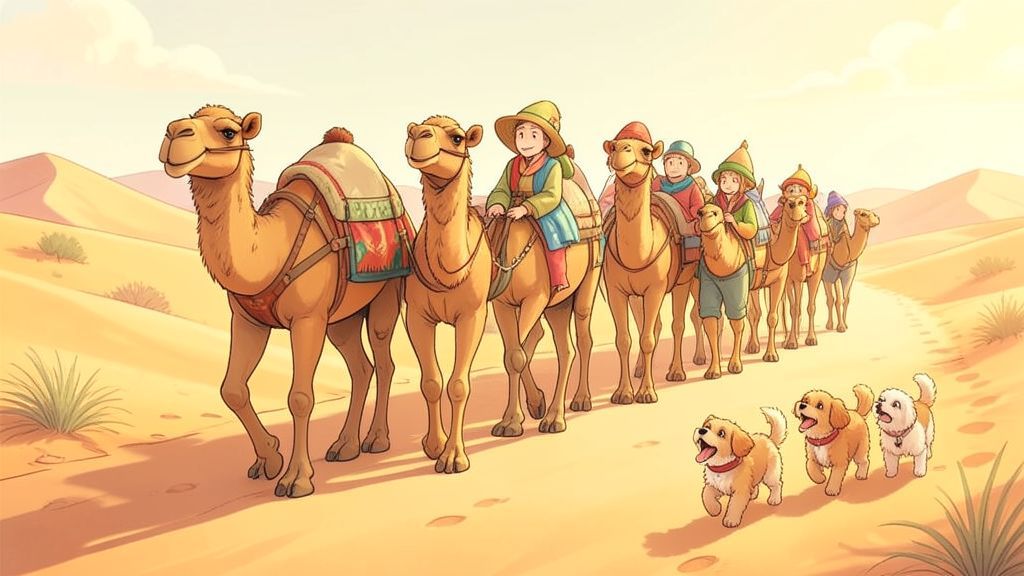 Eine friedliche Karawane mit Kamelen zieht ruhig an bellenden kleinen Hunden vorbei.