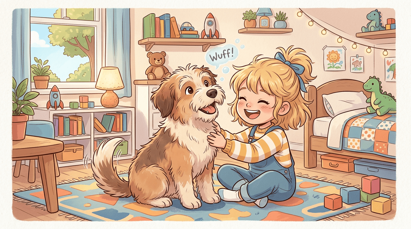 Ein flauschiger, brauner Hund sitzt glücklich vor einem kleinen Mädchen und bellt sie freundlich an.