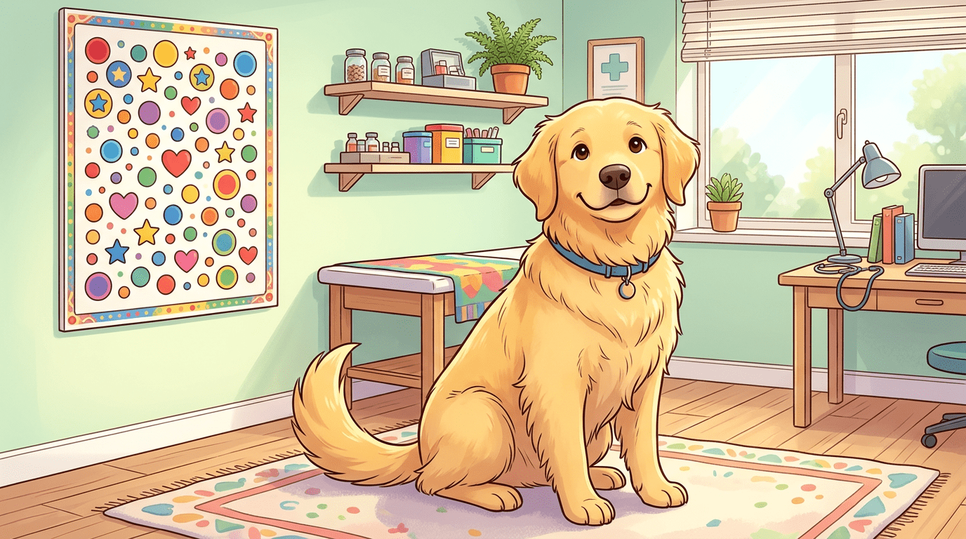 Eine kindgerechte Illustration eines freundlichen Hundes beim Tierarzt, der eine bunte Infografik mit vielen verschiedenen Symbolen für Blutgruppen betrachtet.