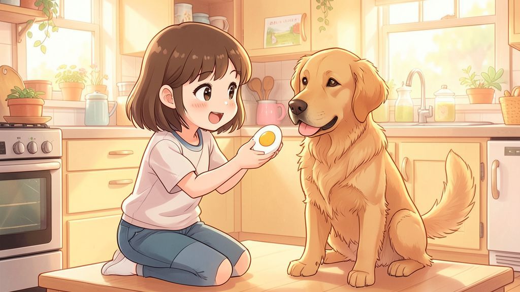 Ein Kind zeigt seinem Hund in einer hellen Küche ein gekochtes Ei.