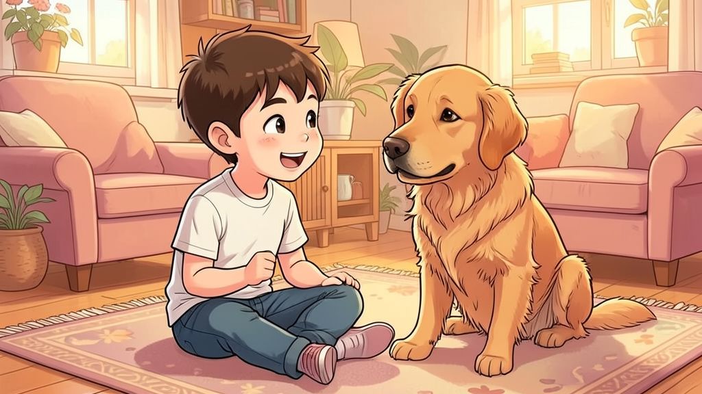 Illustration eines Kindes, das fröhlich mit seinem aufmerksam zuhörenden Hund spricht.