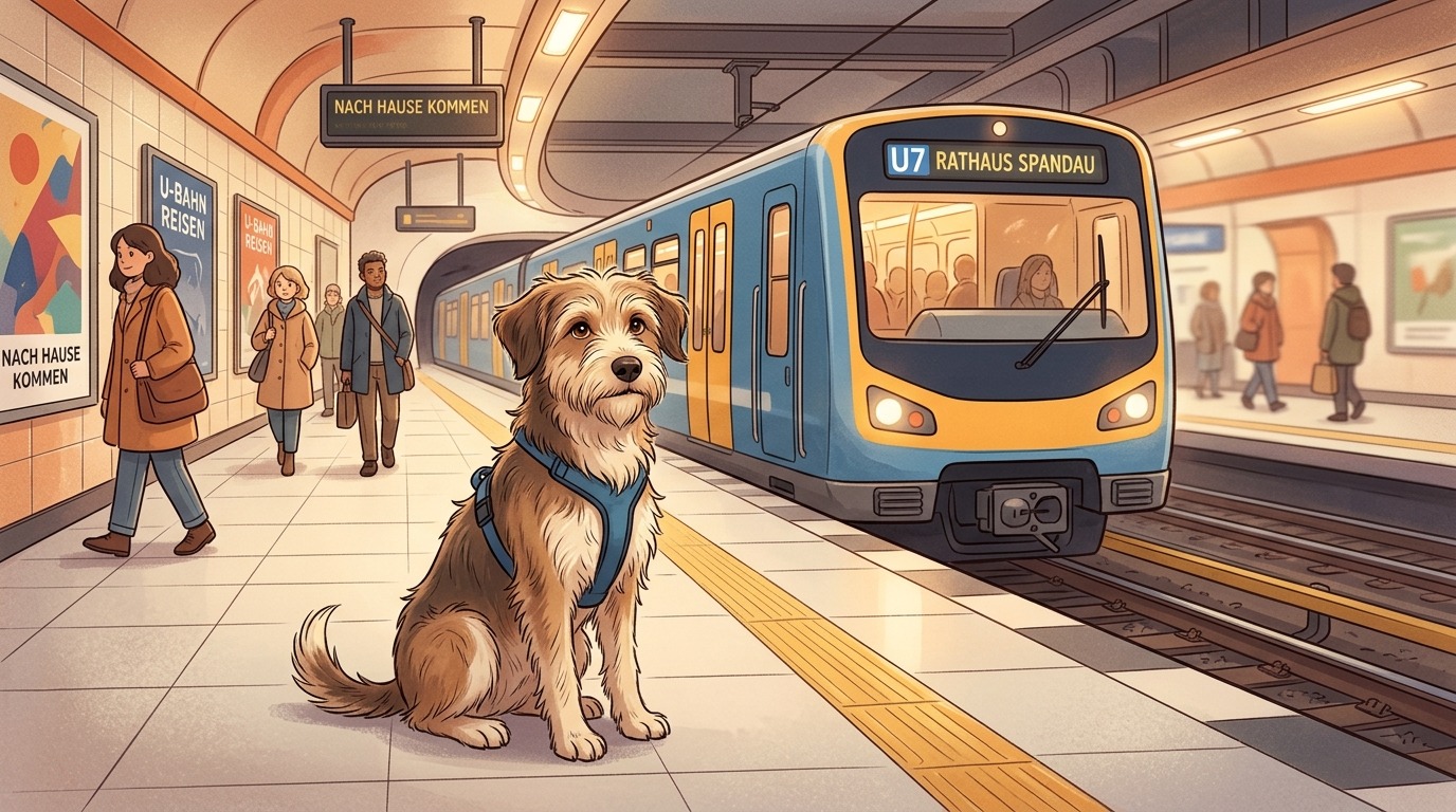 Ein freundlicher, brauner Hund sitzt geduldig in einer U-Bahn-Station und wartet auf den einfahrenden Zug.