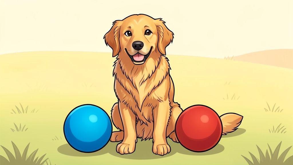 Illustration eines fröhlichen Hundes auf einer Wiese, die den Farbunterschied zwischen Blau und Rot aus Hundesicht zeigt.