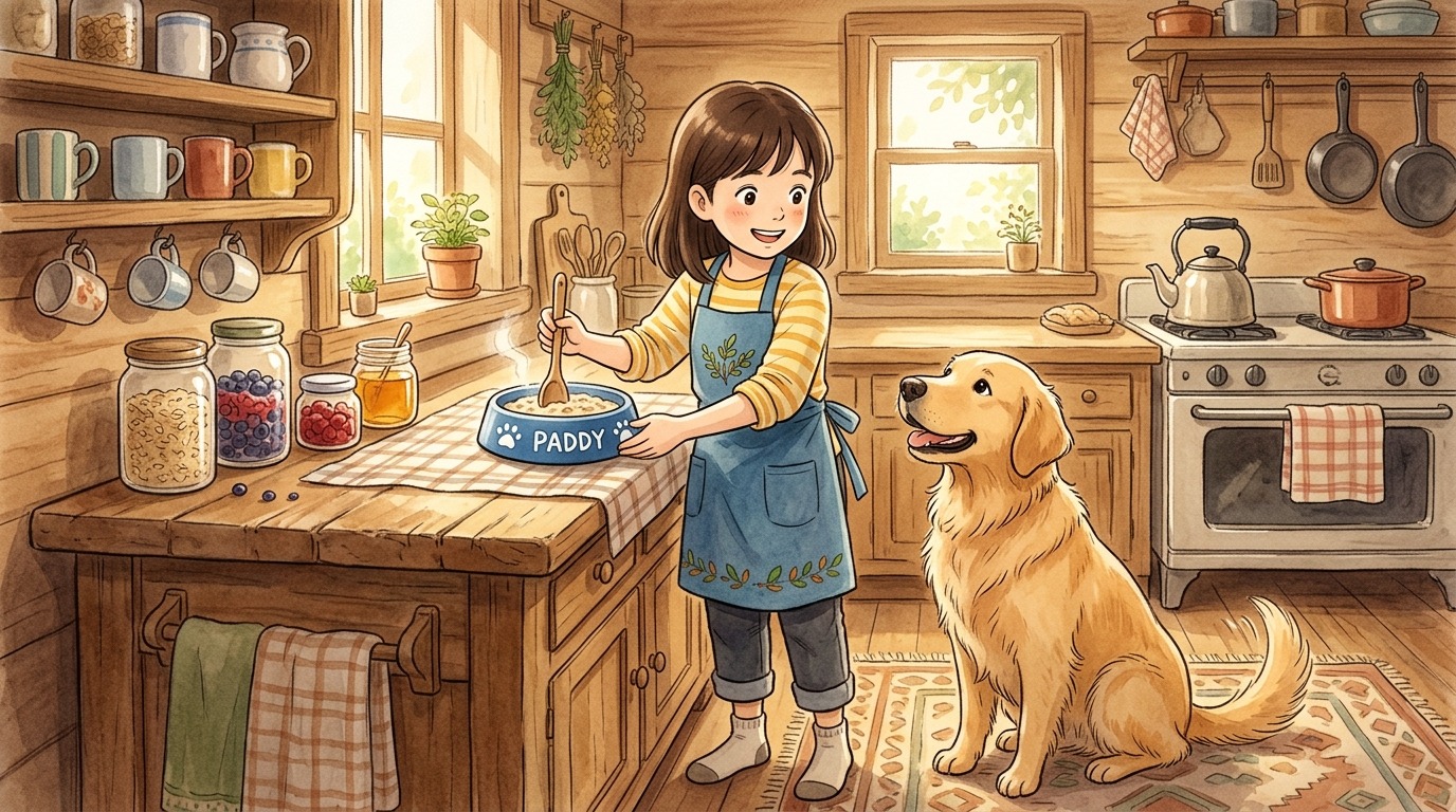 Ein glücklicher Hund wartet in einer hellen Küche, während ein Kind Haferflocken in einen Hundenapf füllt.