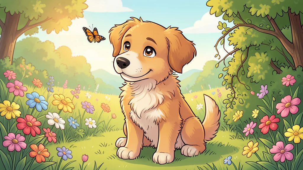 Ein niedlicher, aufgeweckter Hund in einem Garten, der ein Ohr nach vorne und das andere nach hinten gedreht hat.