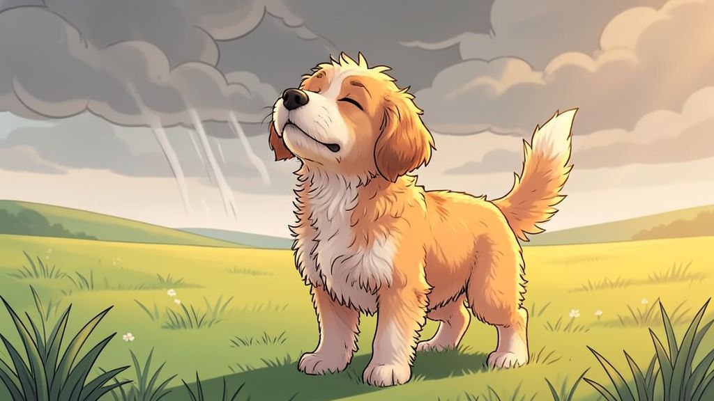 Ein freundlicher Hund steht auf einer Wiese und schnuppert mit erhobener Nase aufmerksam in die Luft, während am Horizont erste Regenwolken aufziehen.