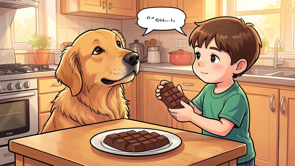 Ein Kind hält eine Tafel Schokolade von einem neugierigen Hund fern.