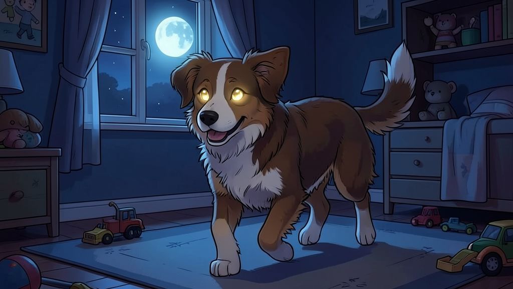 Eine gemütliche Illustration eines Hundes, der nachts sicher durch ein Kinderzimmer wandert, während seine Augen sanft leuchten.