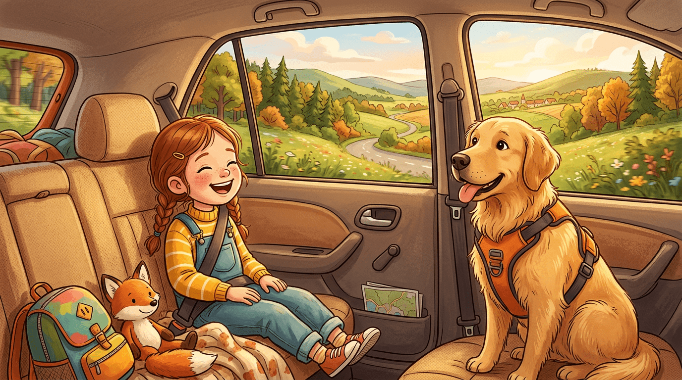 Ein glücklicher Golden Retriever sitzt sicher mit einem Gurt angeschnallt auf der Rückbank eines Autos neben einem Kind.