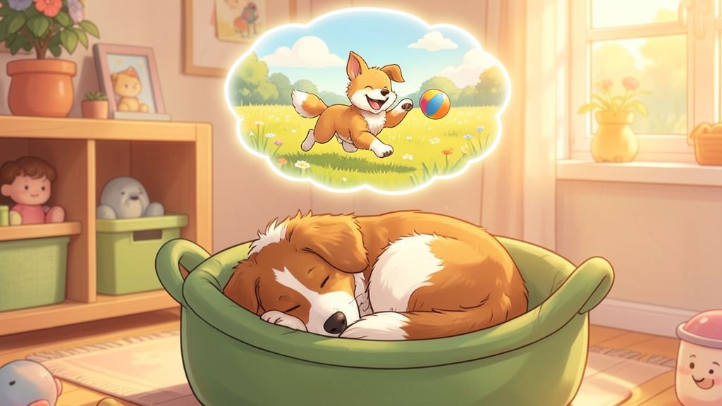 Ein gemütlich schlafender Hund im Körbchen, der von einer bunten Wiese und einem Ball träumt.