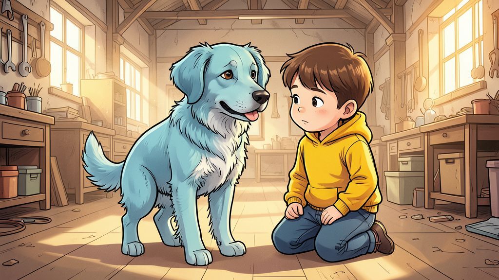 Ein freundlicher Hund mit hellblauem Fell steht in einer hellen Halle neben einem neugierigen Kind.