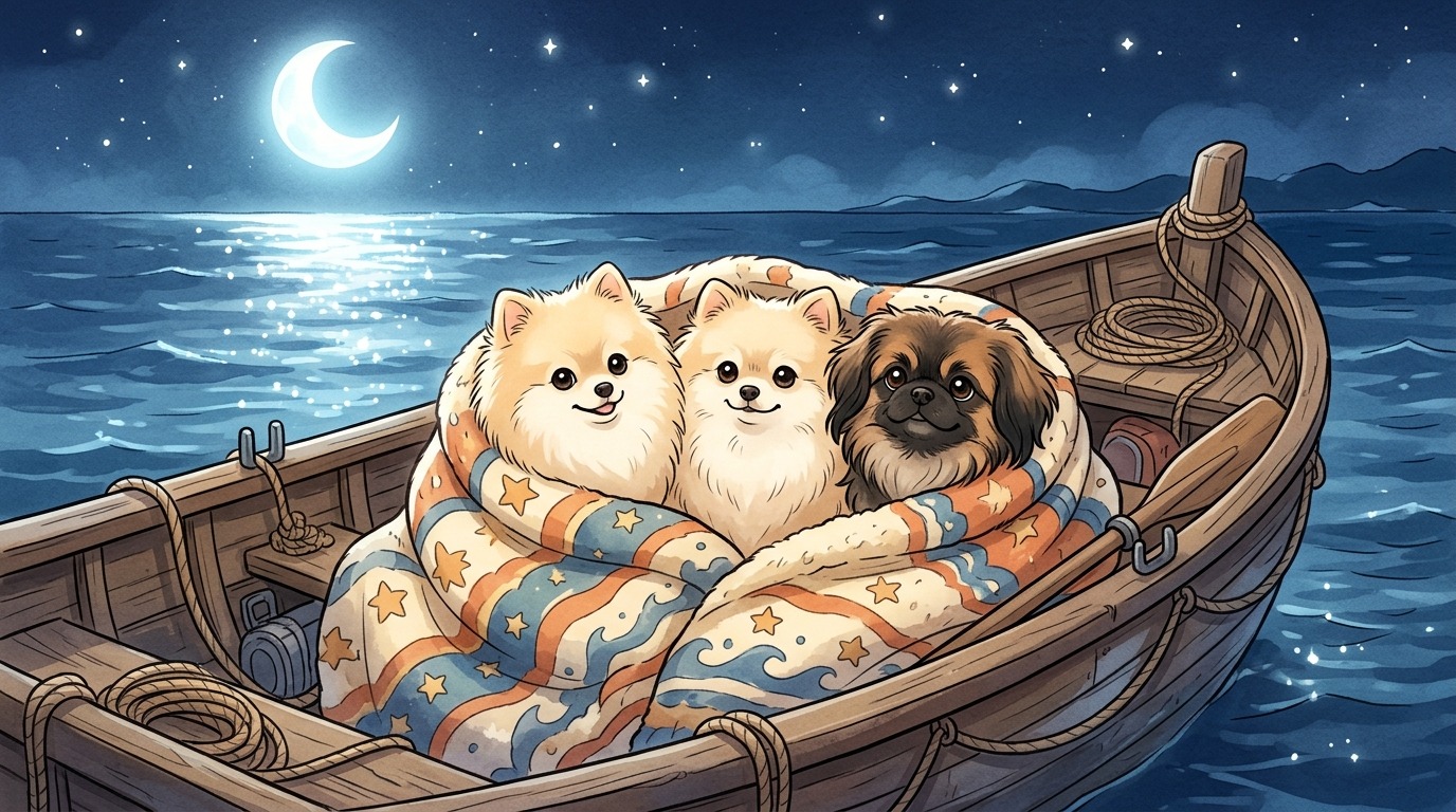 Drei kleine Hunde, zwei Zwergspitze und ein Pekingese, sind warm in eine Decke eingekuschelt in einem Rettungsboot auf dem Meer zu sehen.