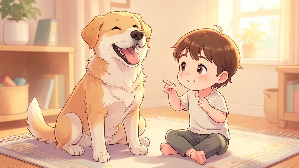 Eine kindgerechte Illustration eines lächelnden Hundes, der seine Zähne zeigt, neben einem Kind, das staunend die Zähne vergleicht.