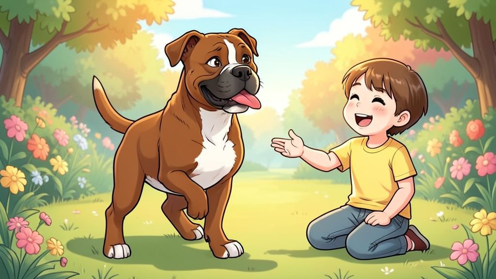 Ein fröhlicher brauner Boxer-Hund mit weißer Brust wackelt vor Freude in einem sonnigen Garten neben einem lachenden Kind.