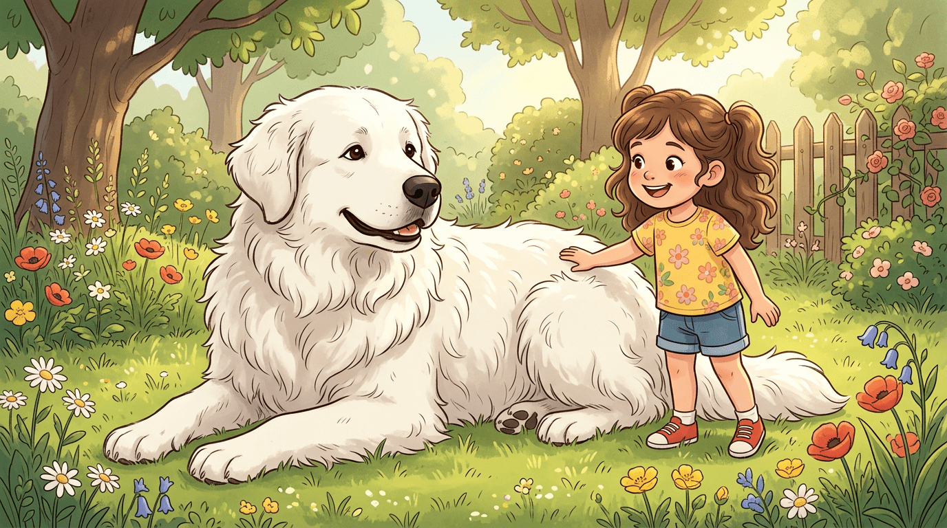 Ein großer, weißer Kuvasz Hund mit welligem Fell sitzt freundlich lächelnd neben einem kleinen Kind im Garten.