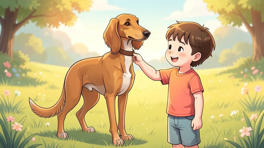 Ein eleganter, schlanker Saluki-Hund mit seidigem Fell an den Ohren steht stolz neben einem lächelnden Kind auf einer sonnigen Wiese.