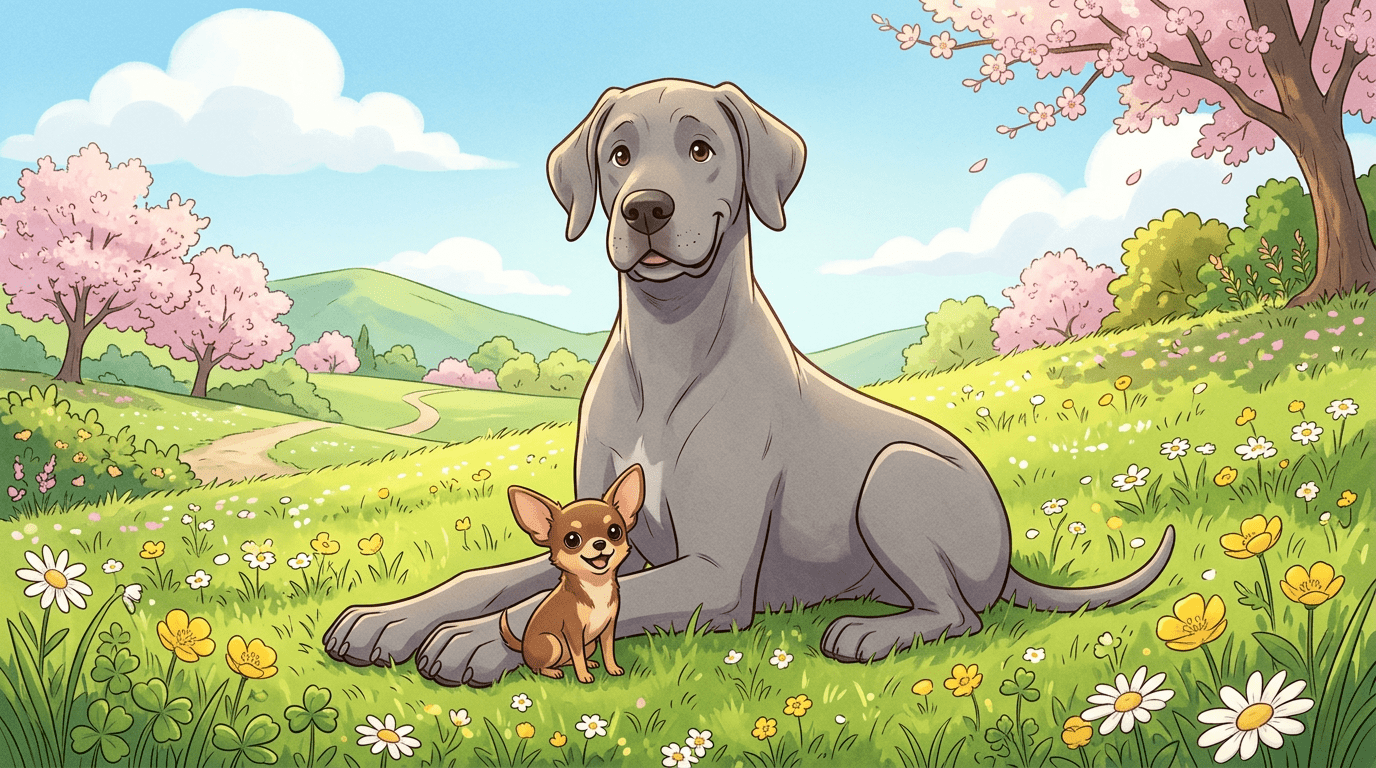 Eine liebevolle Illustration eines riesigen, sanften Hundes neben einem winzigen, fröhlichen Hund auf einer Blumenwiese.