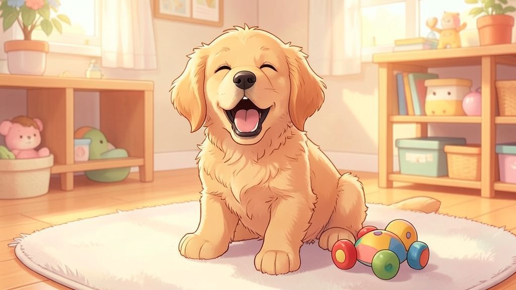 Ein niedlicher Golden Retriever Welpe gähnt freundlich und zeigt eine kleine Zahnlücke im Gebiss.