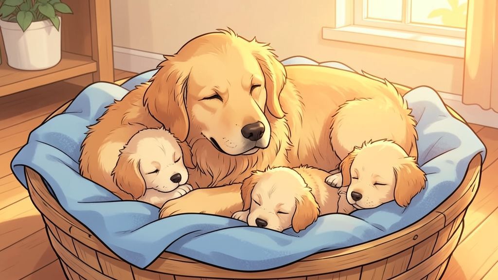 Eine gemütliche Hundemama liegt mit ihren kleinen, neugeborenen Welpen in einem Körbchen; die Welpen haben die Augen fest geschlossen.