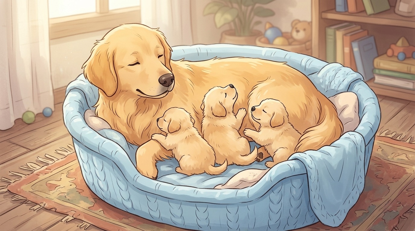 Eine gemütliche Szene mit einer Hundemutter und ihren neugeborenen Welpen, die mit ihren Nasen den Weg suchen.