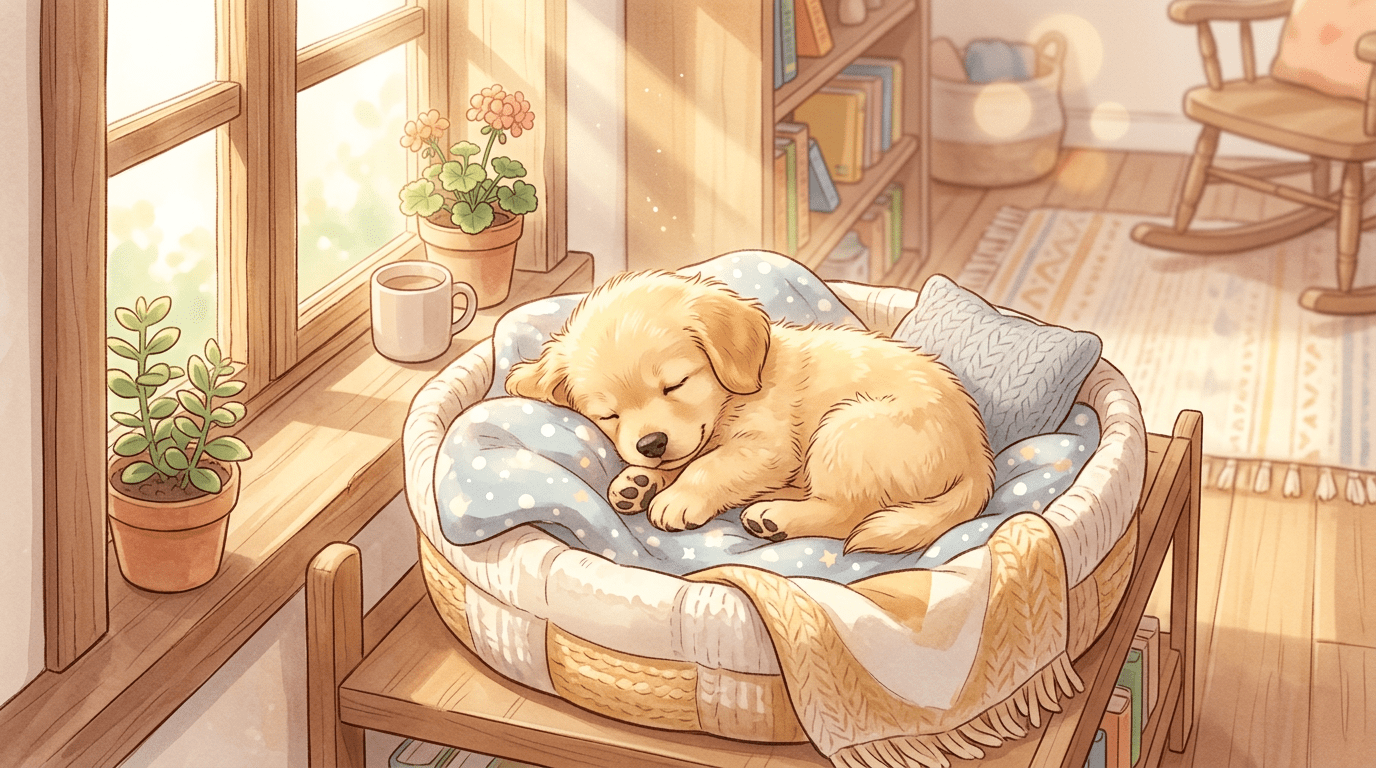 Ein kleiner, flauschiger Welpe schläft friedlich in einem weichen Körbchen.