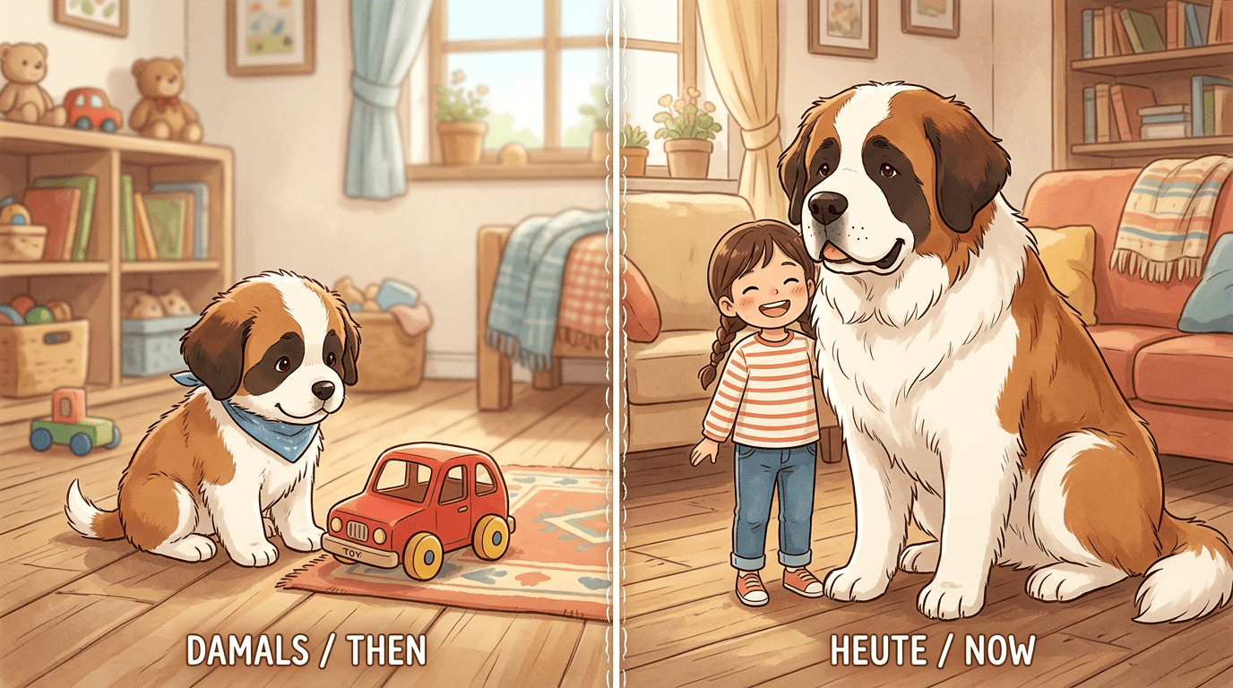 Illustration eines winzigen Welpen neben einem großen, ausgewachsenen Hund zur Verdeutlichung des schnellen Wachstums.