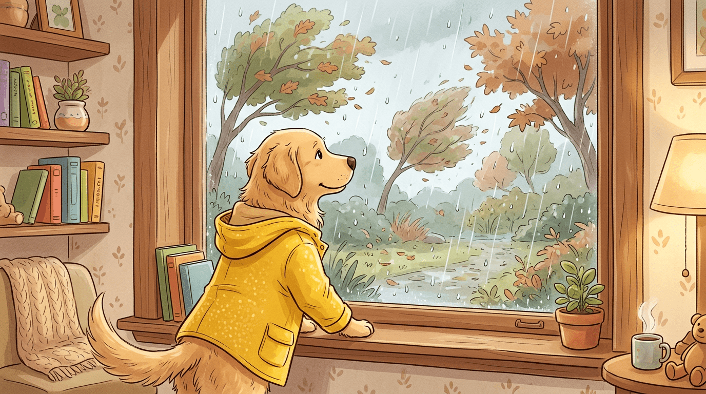 Ein glücklicher Hund mit einem gelben Regenmantel schaut aus einem Fenster auf den Regen.