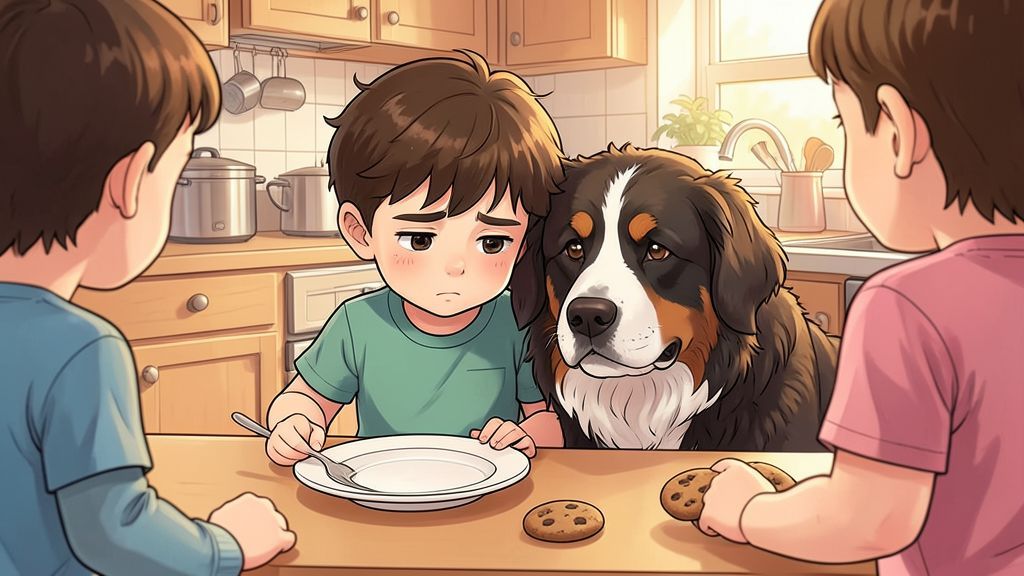 Eine Illustration eines traurigen Kindes, dem ein Keks weggenommen wurde, während ein freundlicher Hund daneben sitzt und tröstend schaut.