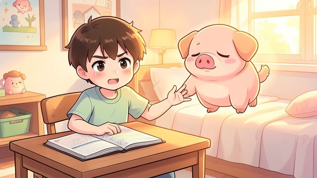 Eine kindgerechte Illustration eines Kindes am Schreibtisch, das einen kleinen, lustigen Schweinehund-Geist freundlich wegschiebt, um Hausaufgaben zu machen.
