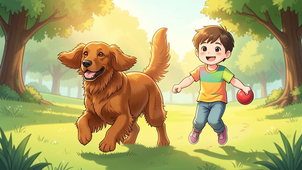 Ein fröhlicher Irish Setter mit seidigem, kastanienrotem Fell rennt glücklich neben einem Kind über eine sonnige Wiese.