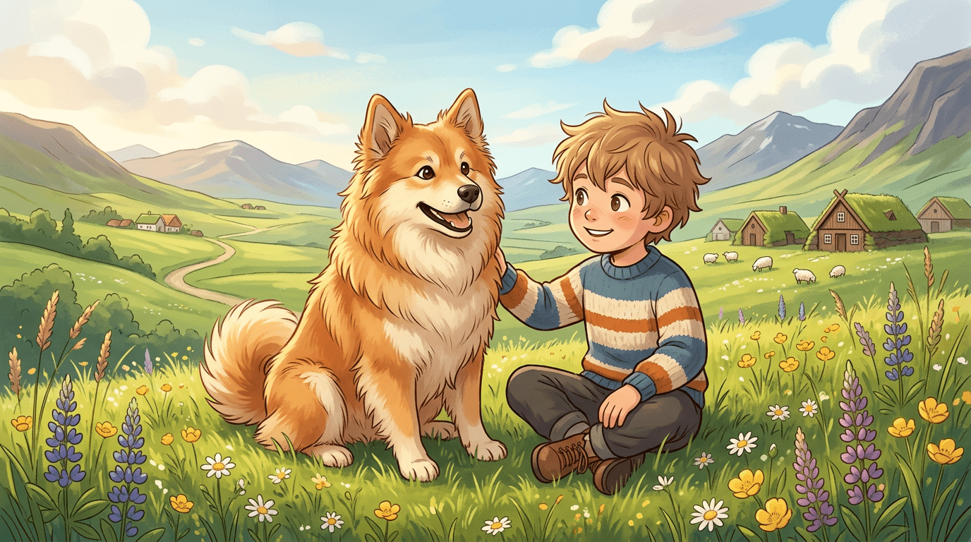 Eine fröhliche Kinderbuch-Illustration eines flauschigen Islandhundes, der neben einem lachenden Kind auf einer grünen Wiese sitzt.