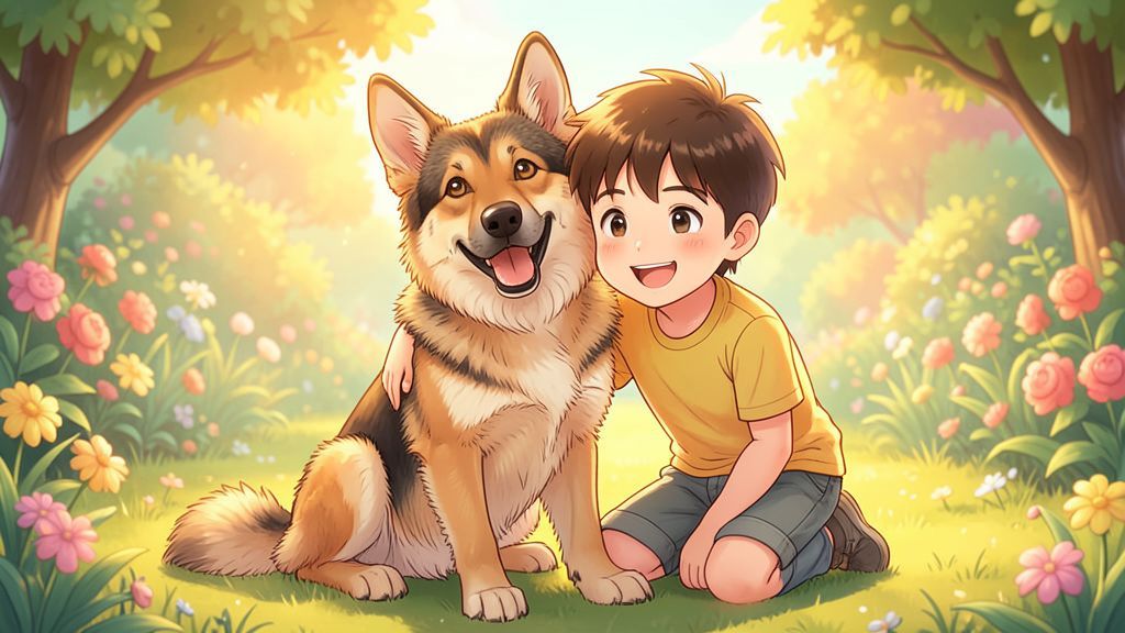 Ein Kind und ein Deutscher Schäferhund spielen glücklich zusammen auf einer sonnigen Wiese.