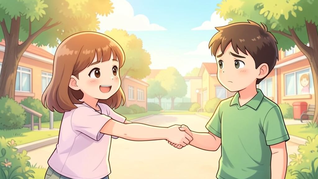 Eine kindgerechte Illustration, die zeigt, wie ein Kind ein anderes Kind tröstet, um zu verdeutlichen, dass man niemanden schlecht behandeln sollte.