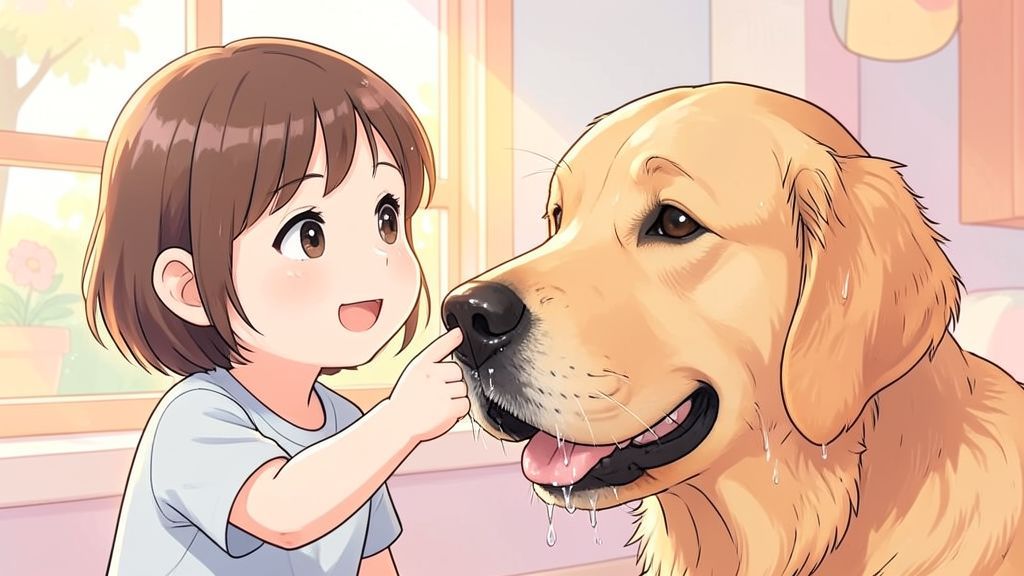 Ein Kind berührt lächelnd die kühle Nase eines großen, freundlichen Hundes.