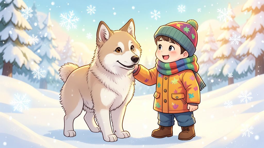 Ein flauschiger Kanadischer Eshund sitzt in einer winterlichen Schneelandschaft und wird von einem lachenden Kind in einer dicken Winterjacke liebevoll gestreichelt.