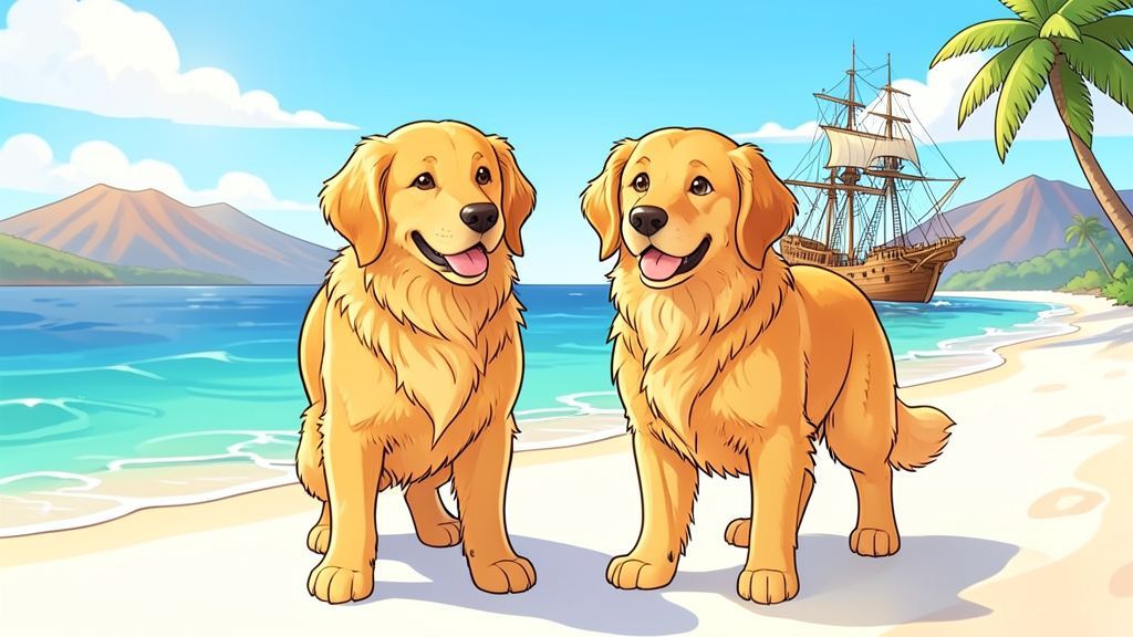 Illustration von großen, freundlichen Hunden am Strand einer sonnigen Insel mit einem historischen Segelschiff im Hintergrund.